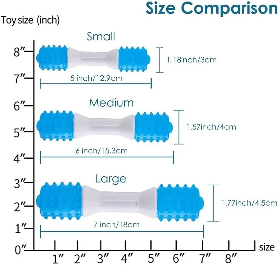 Dual-colour TPR rubber puppy teething chew toy for moderate chewers, shown in sizes small, medium, and large.