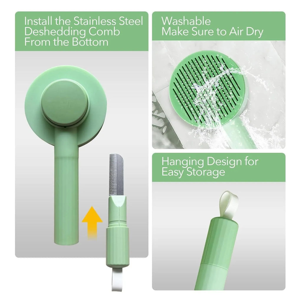 Green and yellow pet grooming brush with stainless steel teeth and hanging loop