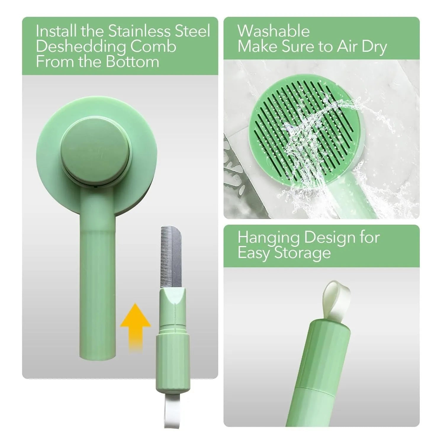Green and yellow pet grooming brush with stainless steel teeth and hanging loop