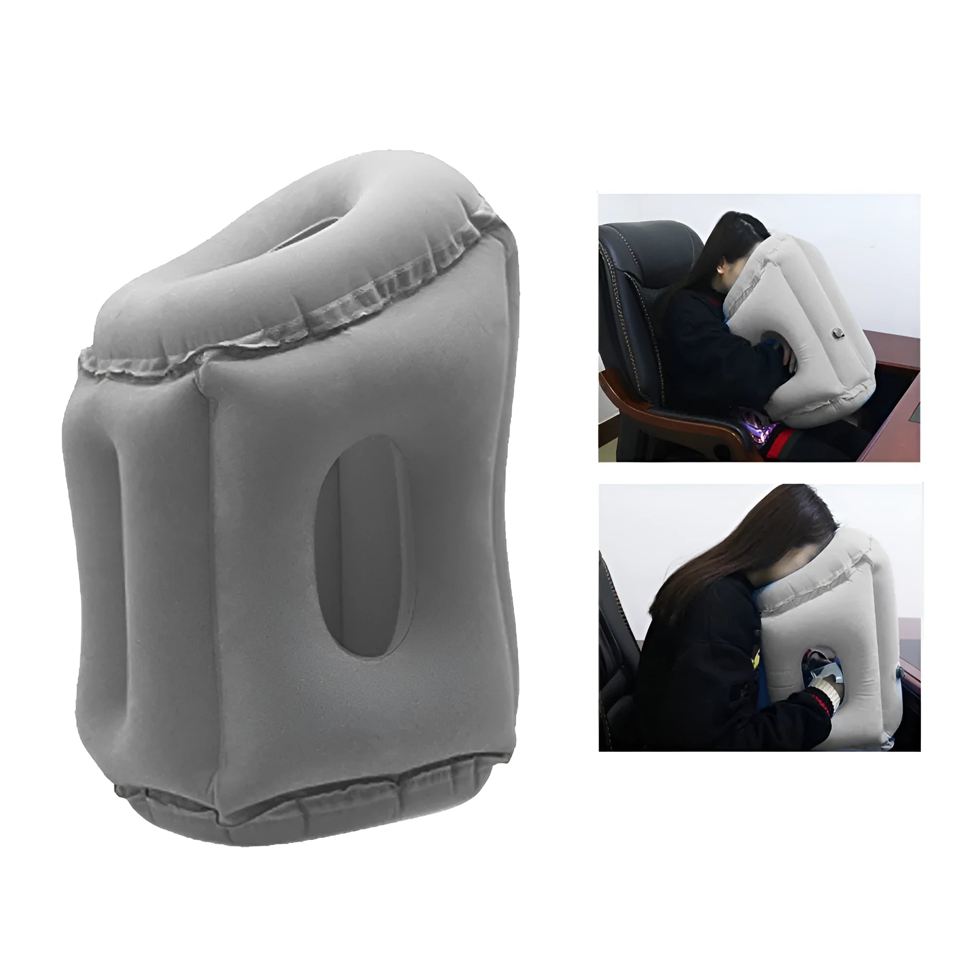 Grey inflatable sleeping pillow with flocking surface deflated on surface with storage bag