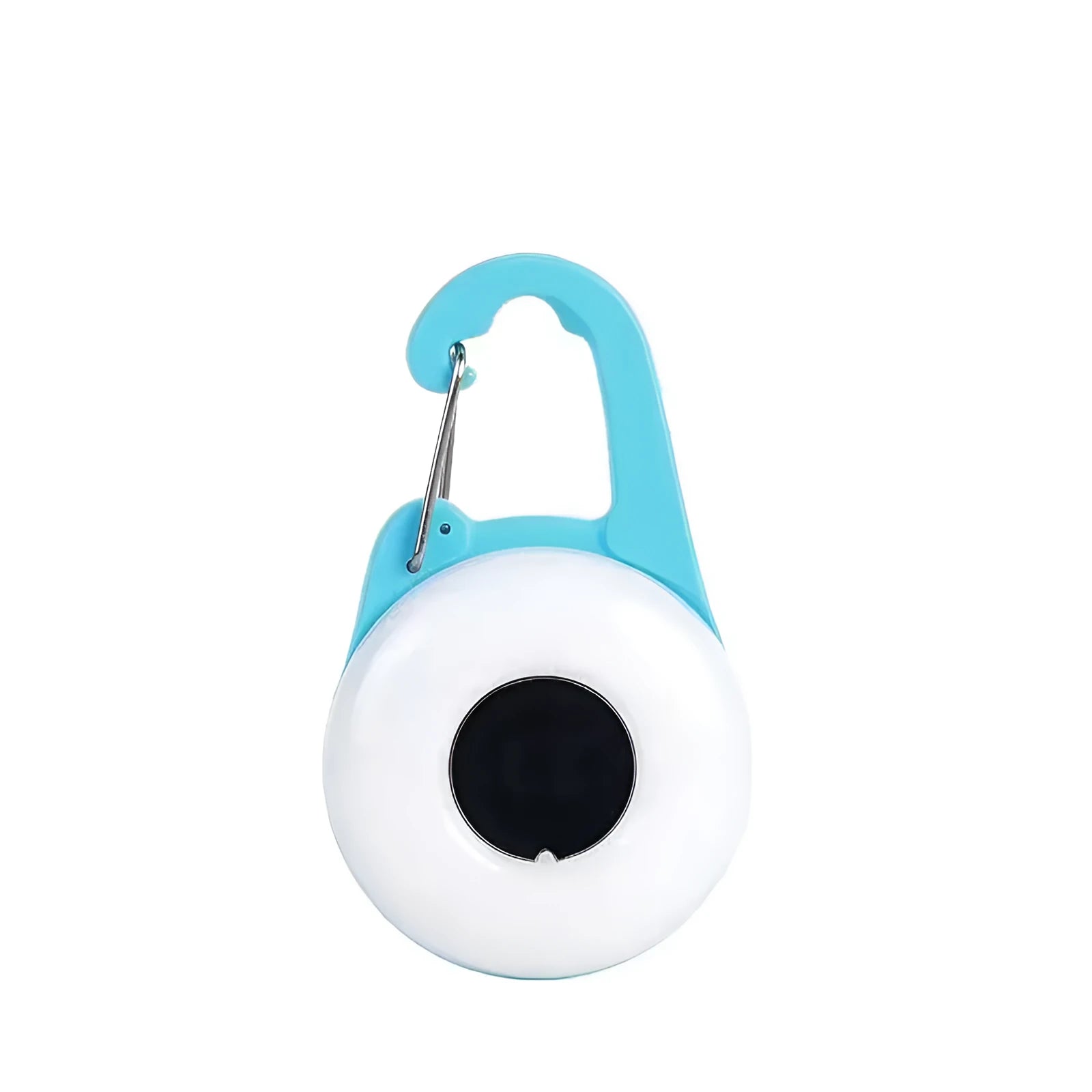 Blue rechargeable LED dog collar light with silicone strap shown attached to a black dog collar.