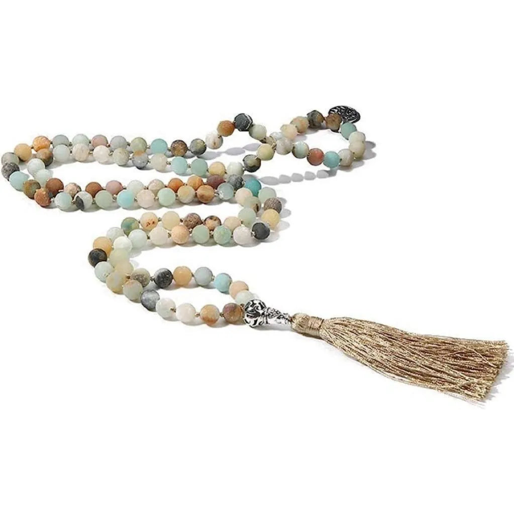 Handmade knotted natural stone bead necklace with 8mm beads in one of 12 colour options.