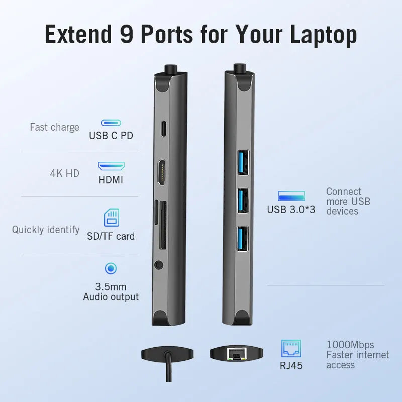 Deep grey USB-C to HDMI, USB 3.0, Ethernet, and card reader multi-port adapter with aluminium construction