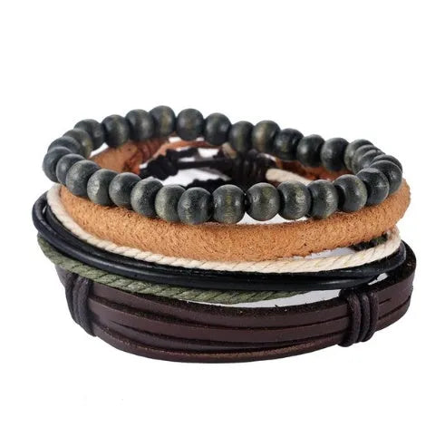 Handmade leather wrap bracelet with wooden beads and adjustable closure for men and women