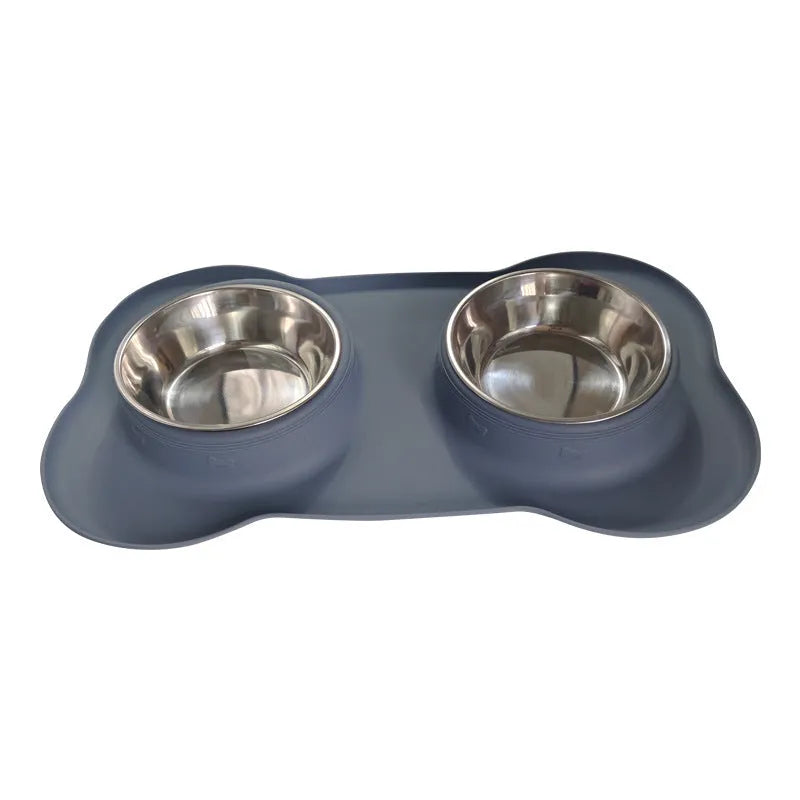Silicone dog bowl with stainless steel interior in large and small sizes with five colour options