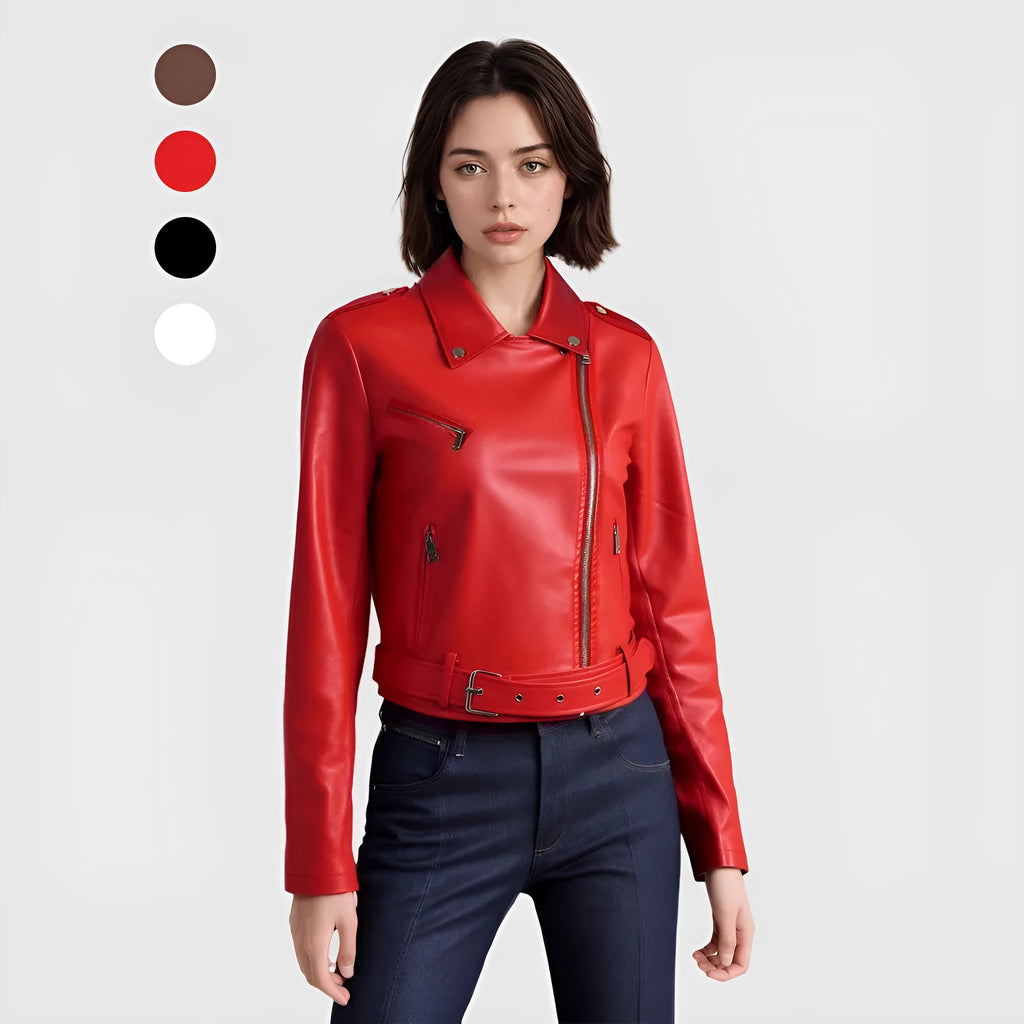 Women's black PU leather motorcycle-style jacket with a lapel short belt fastened at the waist.
