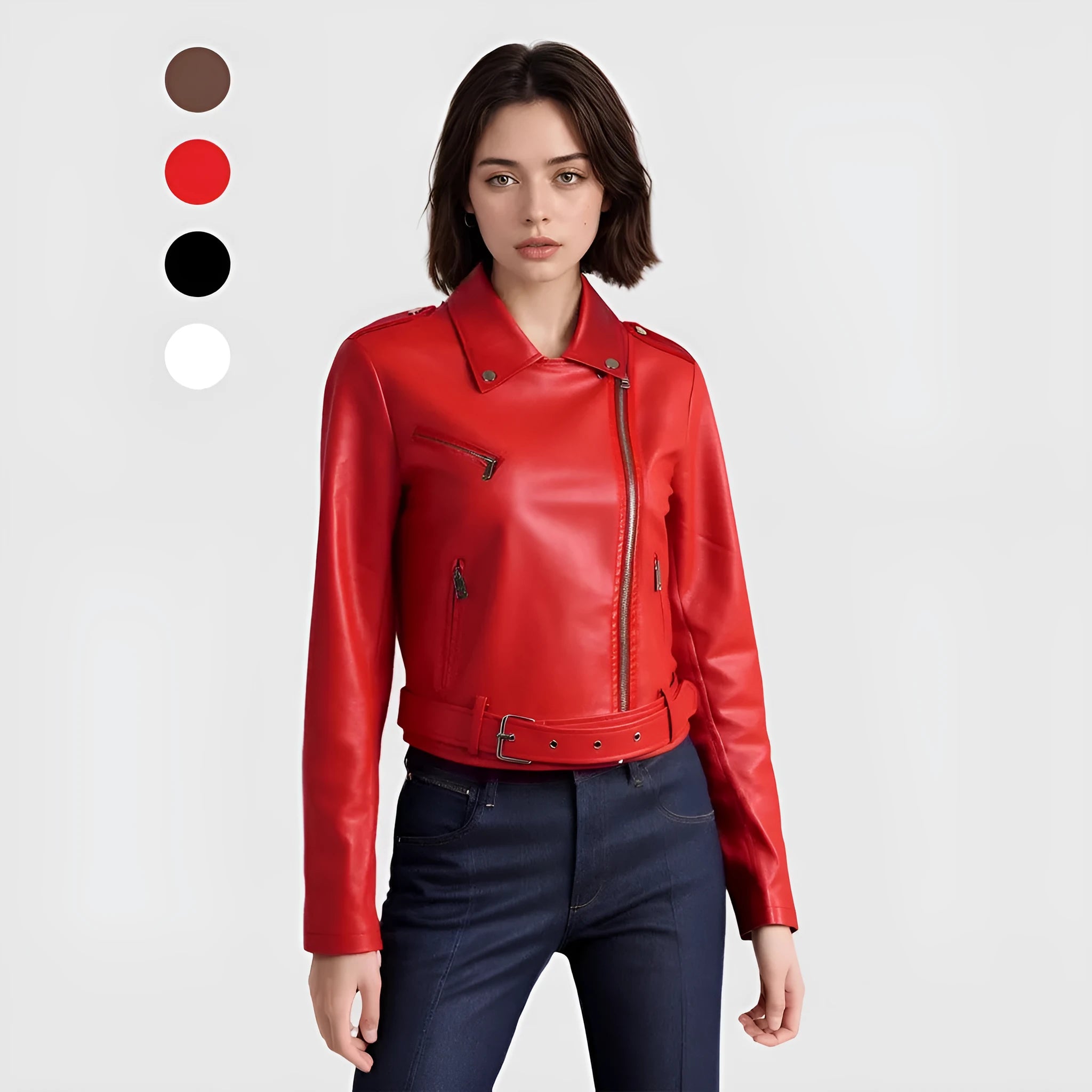 Women's black PU leather motorcycle-style jacket with a lapel short belt fastened at the waist.