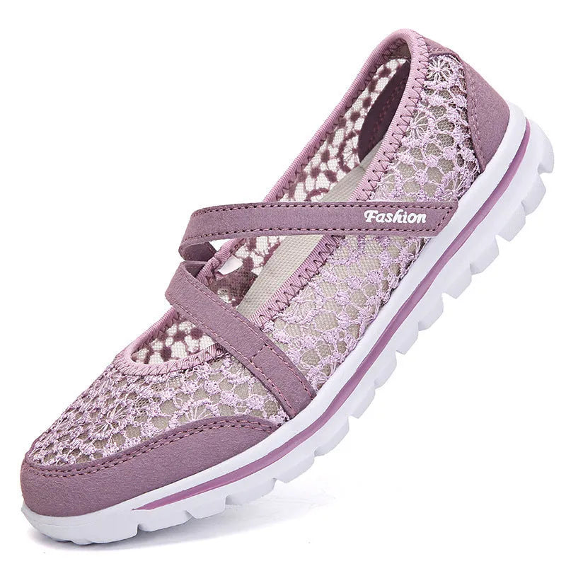 Women's breathable mesh casual lace-up shoes in beige, black, blue, light gray, and light purple colours