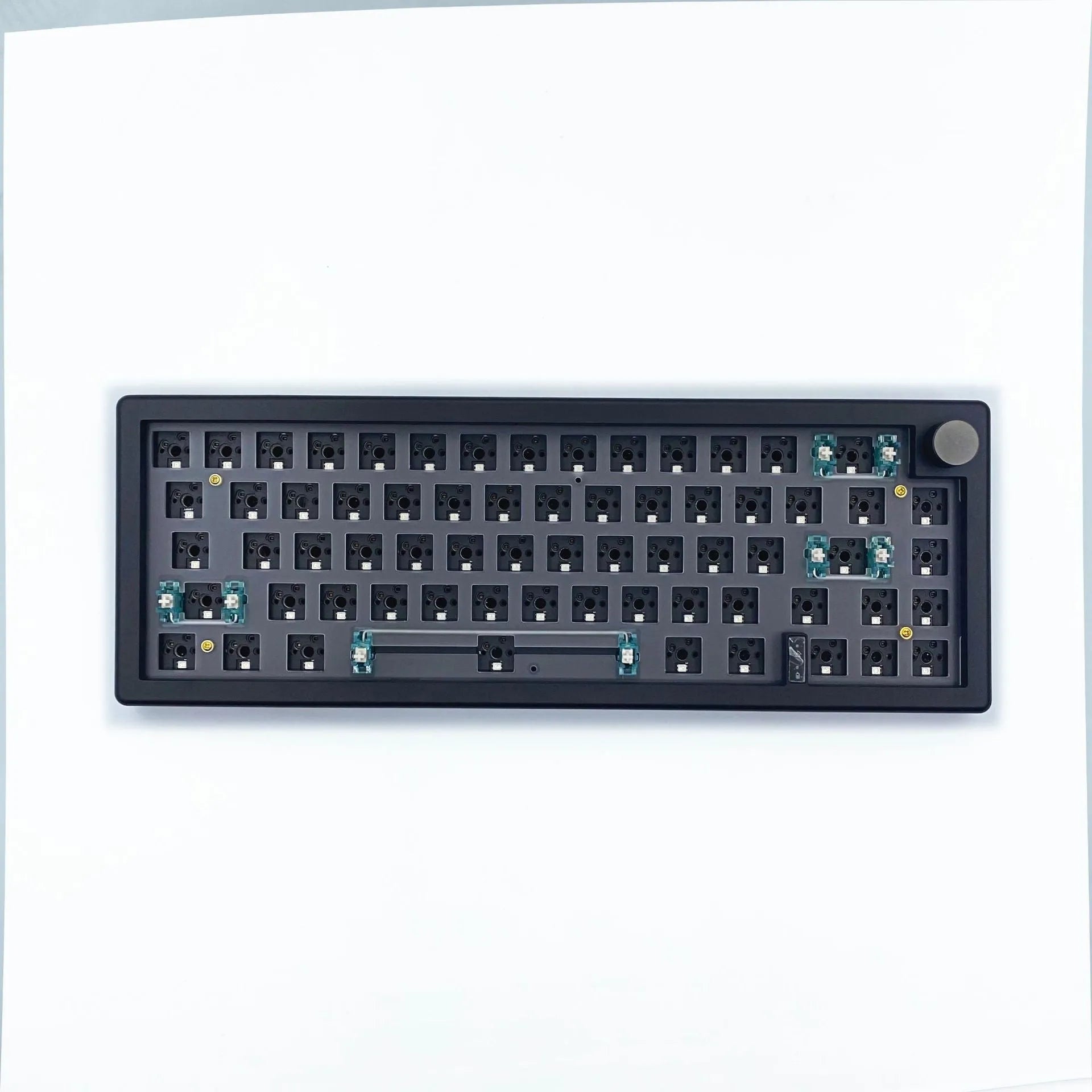 DIY RGB backlit mechanical keyboard kit with control knob shown in multiple colour options