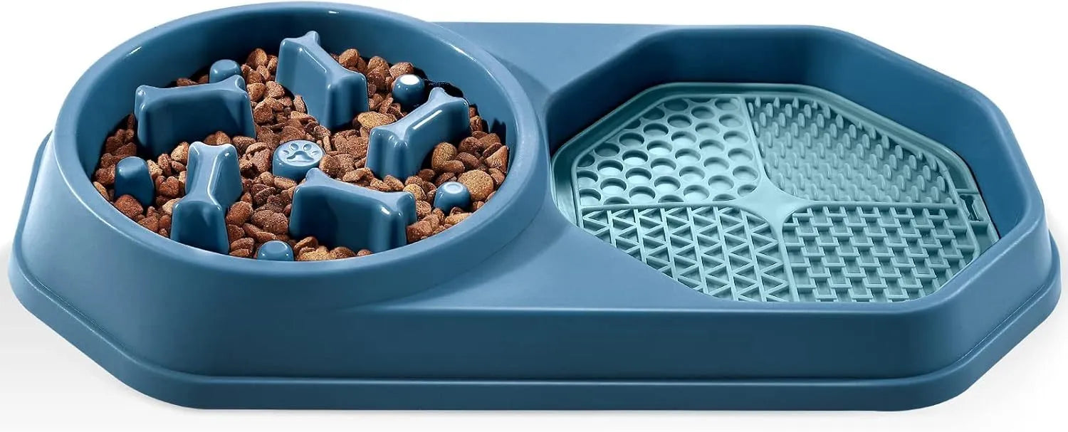 Blue slow feeder dog bowl with maze pattern for small to medium dogs measuring 37cm diameter