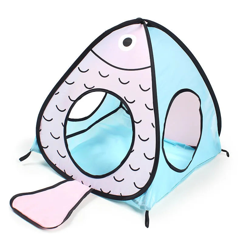 Foldable pet tent cat tunnel three-piece set with cat and fish motif design