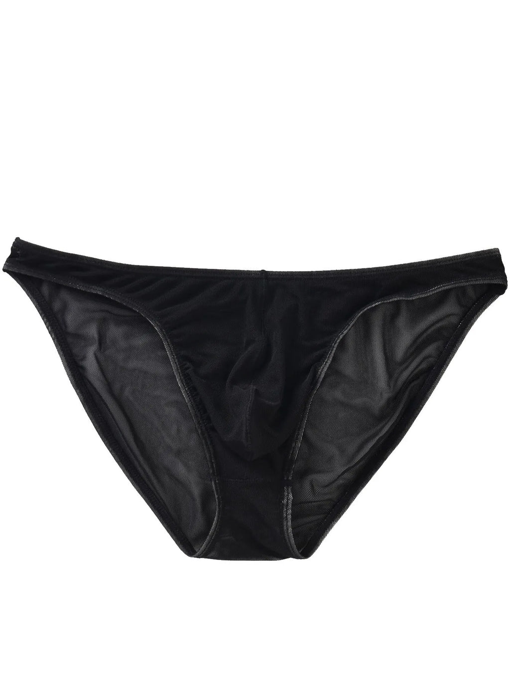 Men's black ice silk briefs with low waist triangle design on mannequin