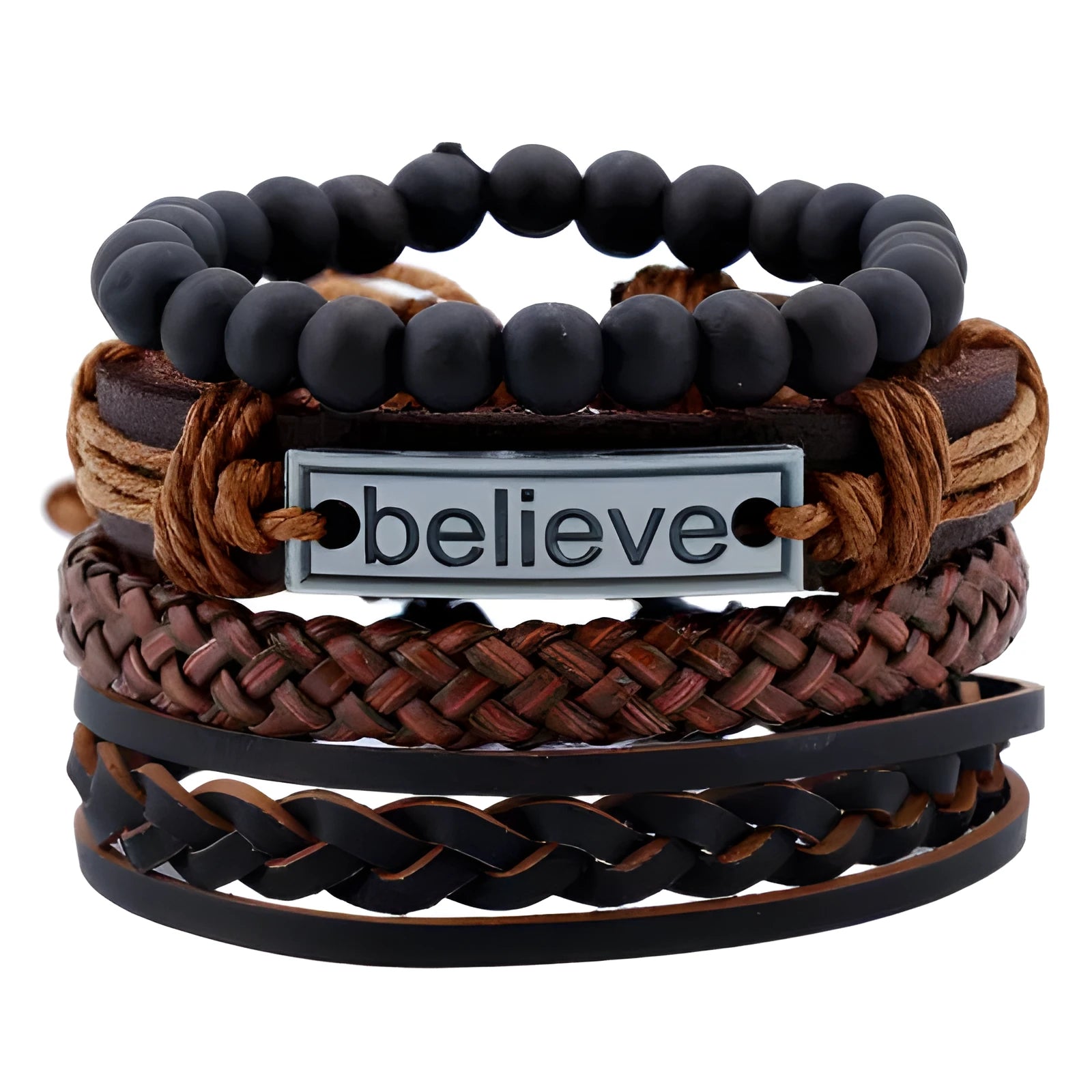 Believe Suit brown leather geometric bracelet on a neutral background