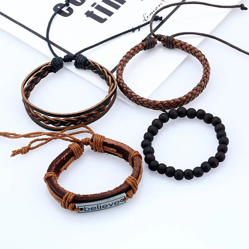 Believe Suit brown leather geometric bracelet on a neutral background