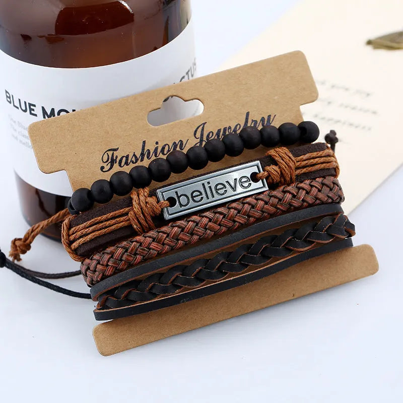 Believe Suit brown leather geometric bracelet on a neutral background