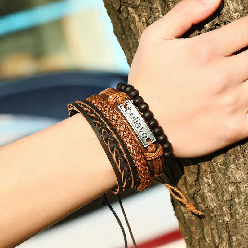 Believe Suit brown leather geometric bracelet on a neutral background