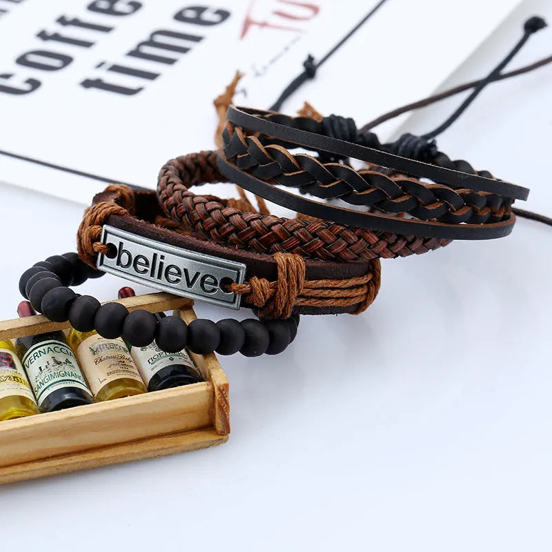 Believe Suit brown leather geometric bracelet on a neutral background