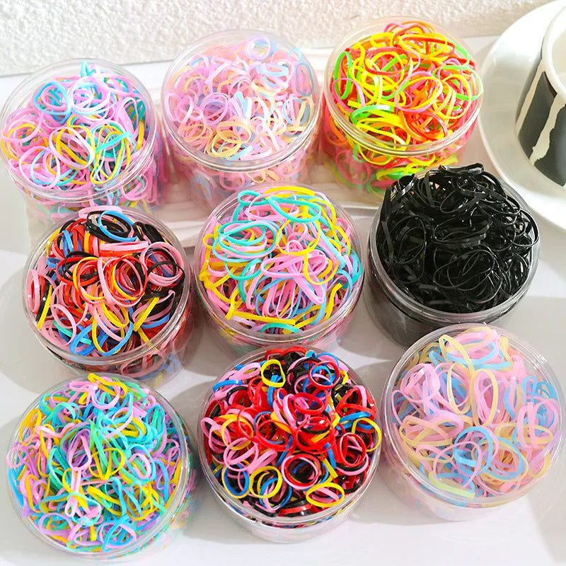 Multi-colour TPU baby hair ties for toddlers in a reusable storage container, 300 piece pack.