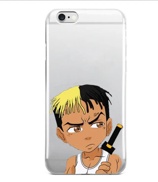 Compatible half-wrapped iPhone case with Xxxtentacion patterned design in transparent matte finish.