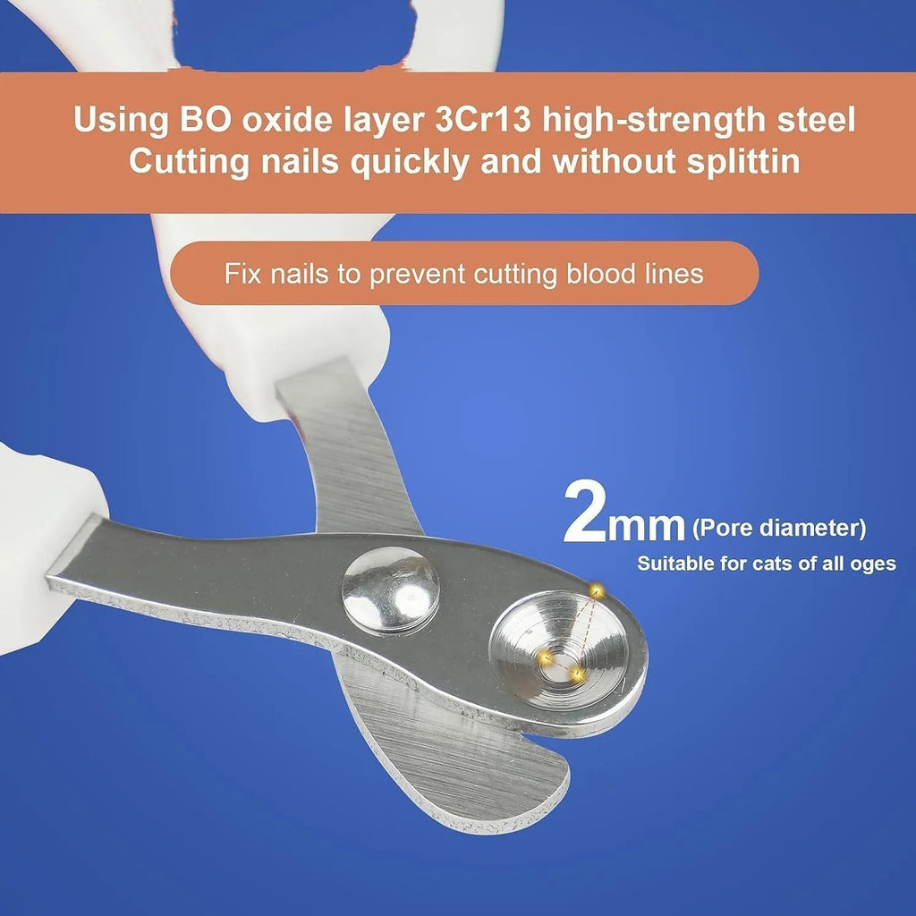 Cat nail clippers with circular hole design in blue, orange, and pink colours