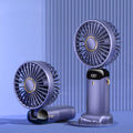 USB rechargeable mini portable fan in blue with 5 speed settings and digital display