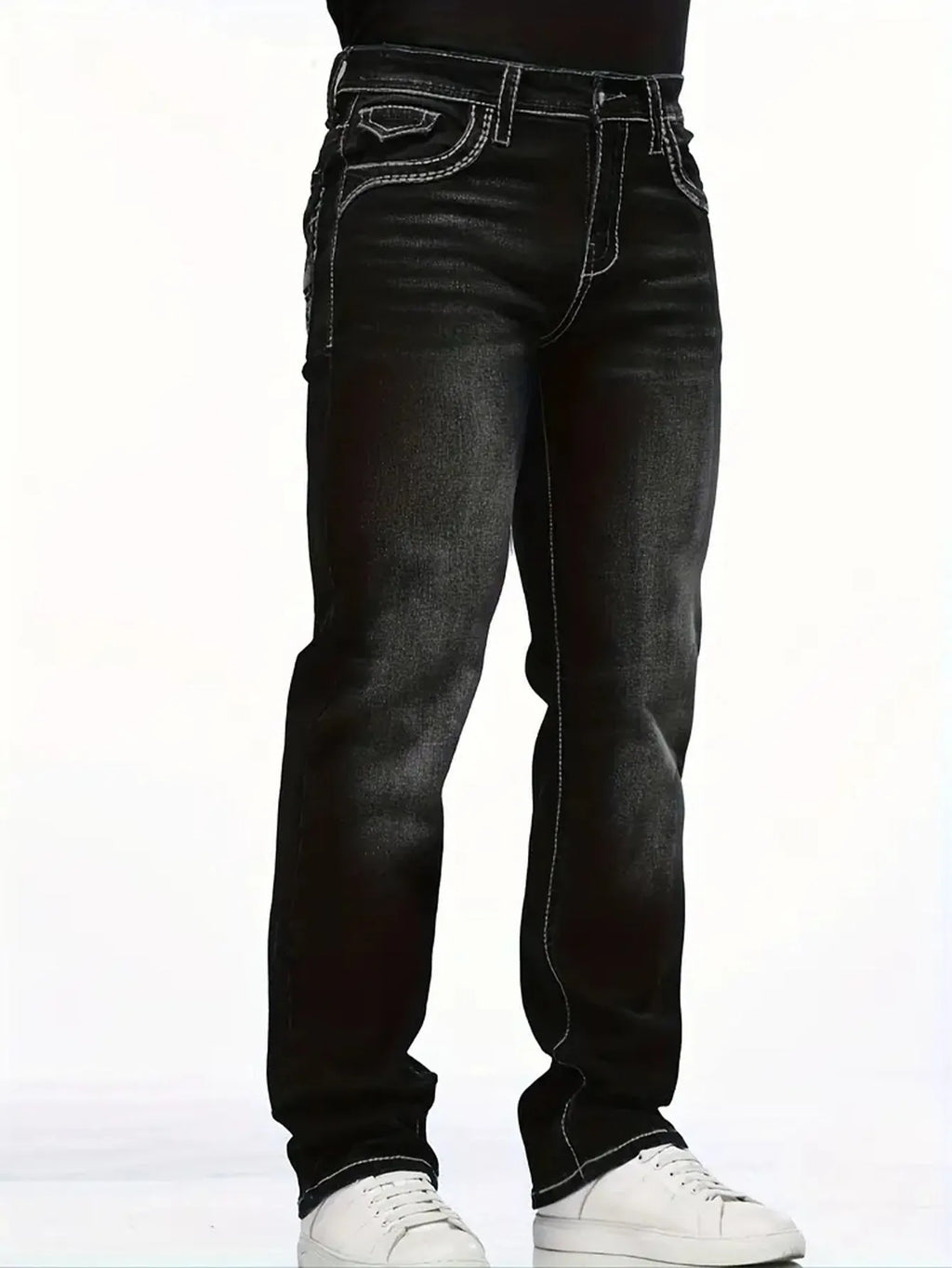Black stretch slim fit straight leg men's trousers on hanger
