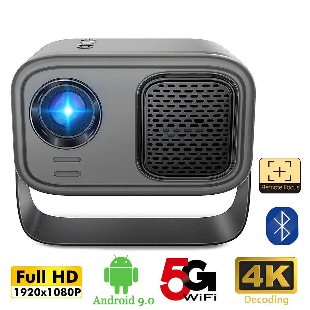 Black HD smart portable projector with remote control on white background