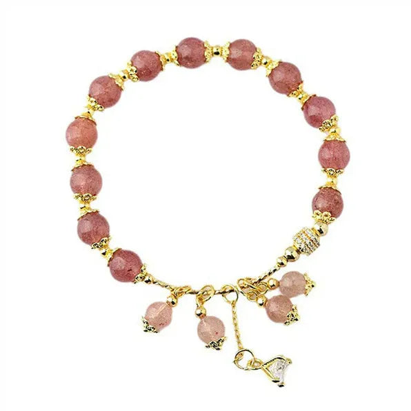 Pink strawberry quartz heart-shaped women's bracelet with natural pearl accents
