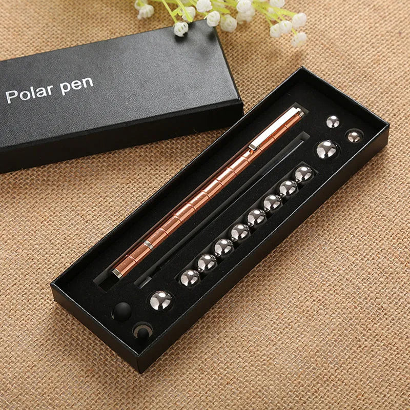 Magnetic polar pen with modular rings, steel balls, and capacitive tip in silver iron box packaging