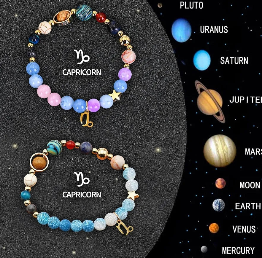 Set of twelve natural stone beaded bracelets with individual zodiac charms for each horoscope sign