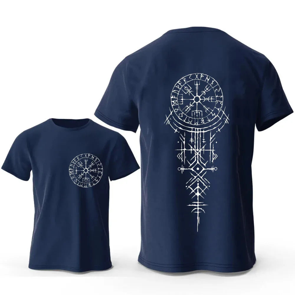 Front view of a men's pure cotton T-shirt featuring a detailed Viking rune compass graphic print.