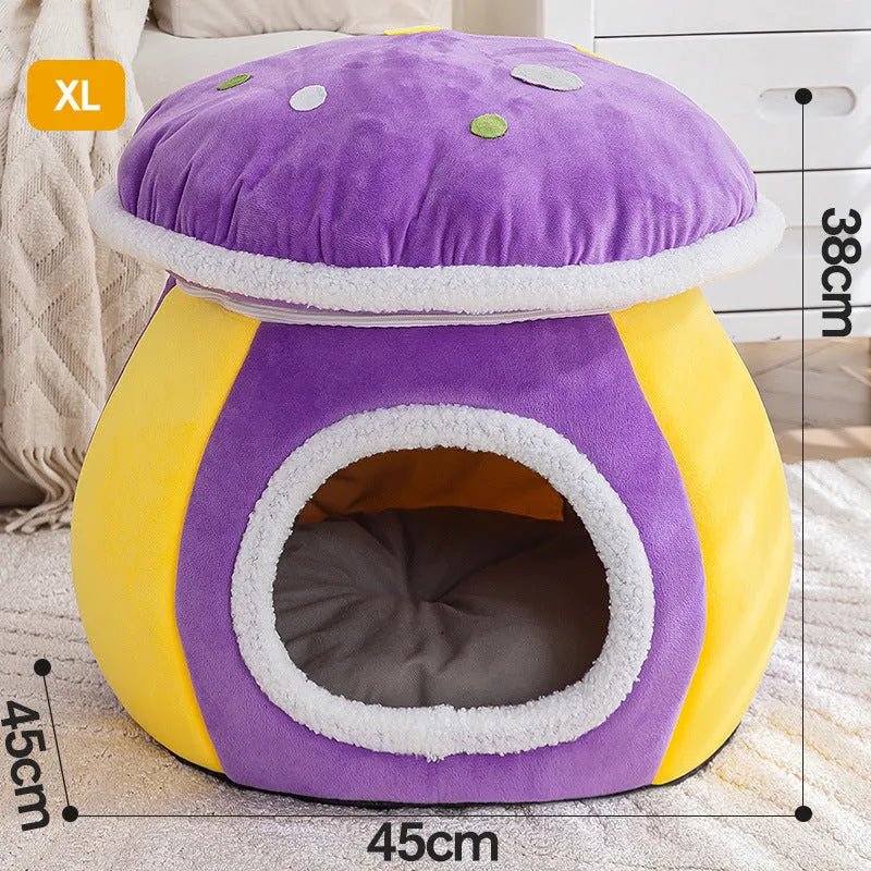 Grey mushroom-shaped plush cat bed with a detachable rabbit blanket for winter warmth.