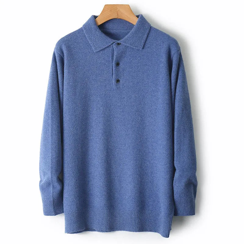Men's grey wool polo collar sweater on a hanger, showing long sleeves and smart collar detail