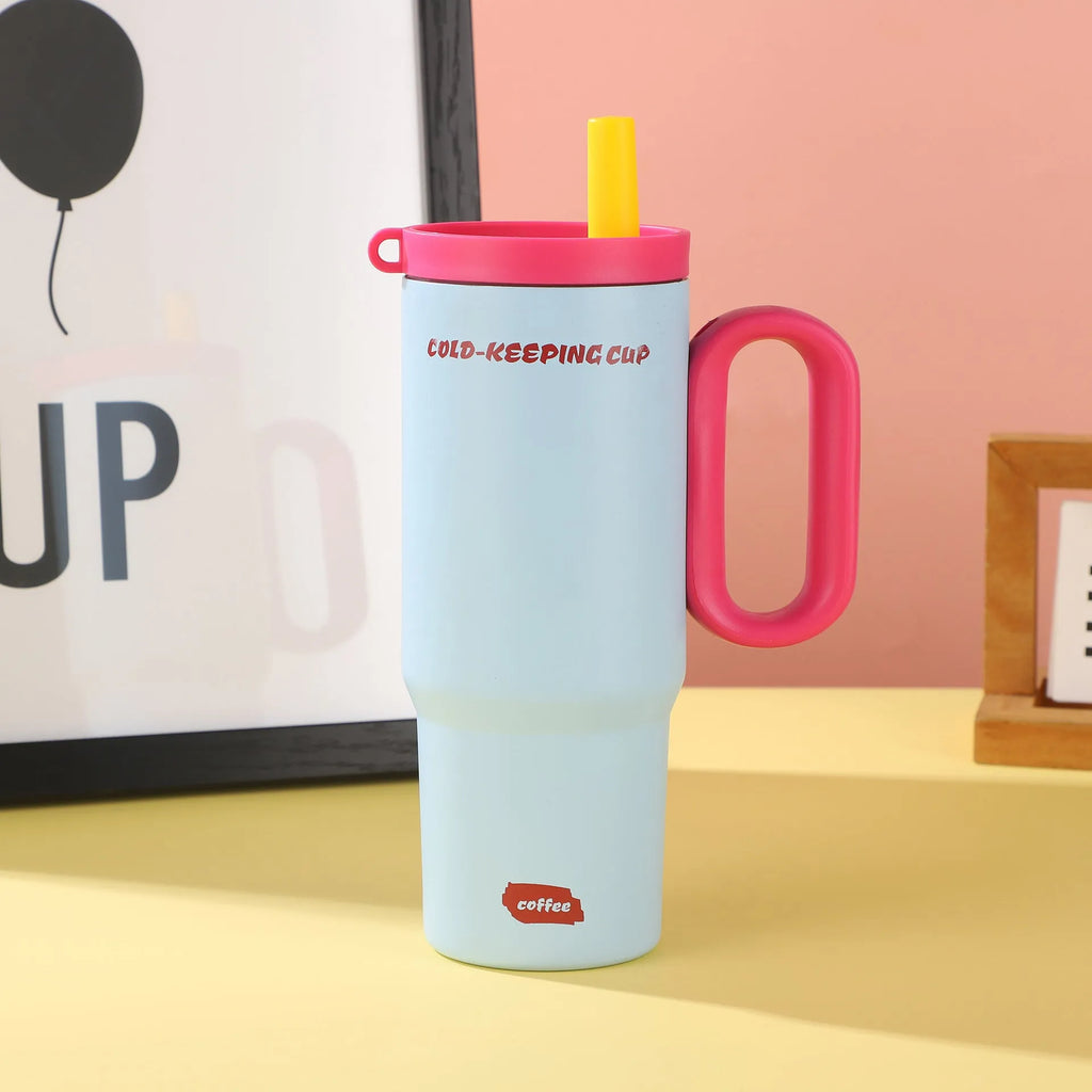 DIY Vitality large insulated straw cup with handle in black, pink, blue, white, or yellow.