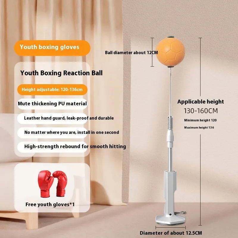Vertical boxing reaction ball set with roly-poly sandbag base and focus mitts in gray and orange colour options