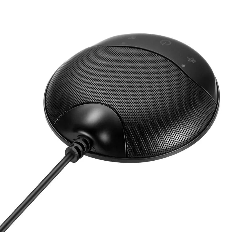 Black USB condenser microphone for conferences and gaming, dimensions 9x9x1.7cm