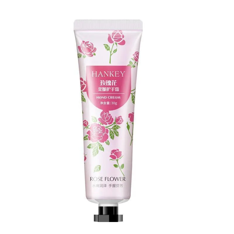 30g tube of scented hand cream for dry skin, shown with choice of avocado, chamomile, and rose fragrances.