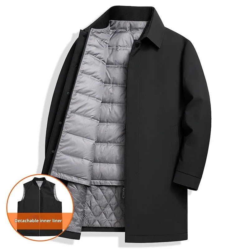 Men's mid-length white duck down jacket in black, thick polyester lining, non-iron, size M to 4XL