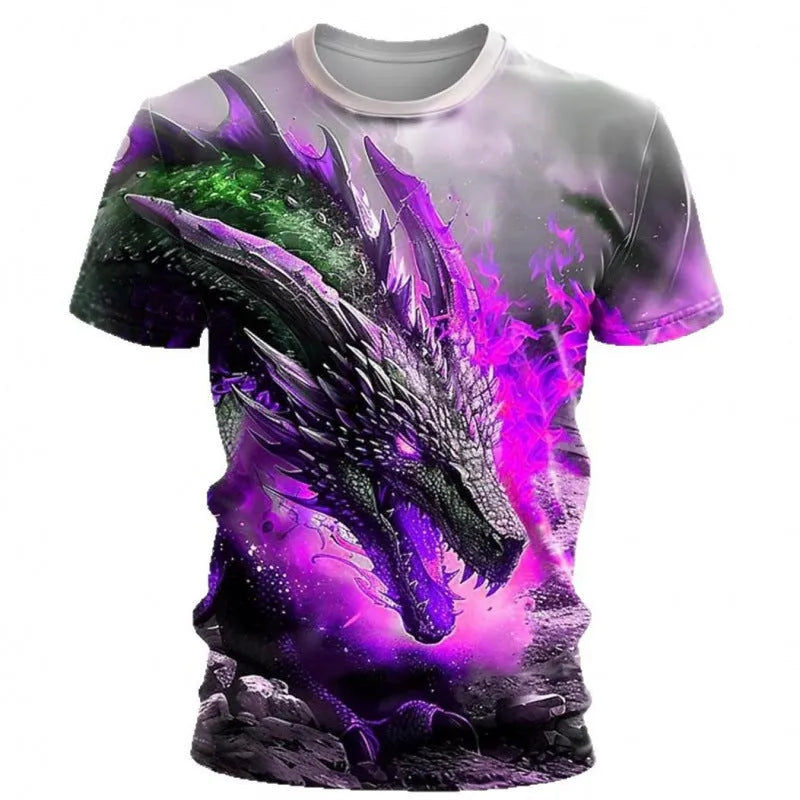 Man wearing a grey t-shirt with a large blue and white 3D wind dragon graphic print on the front.