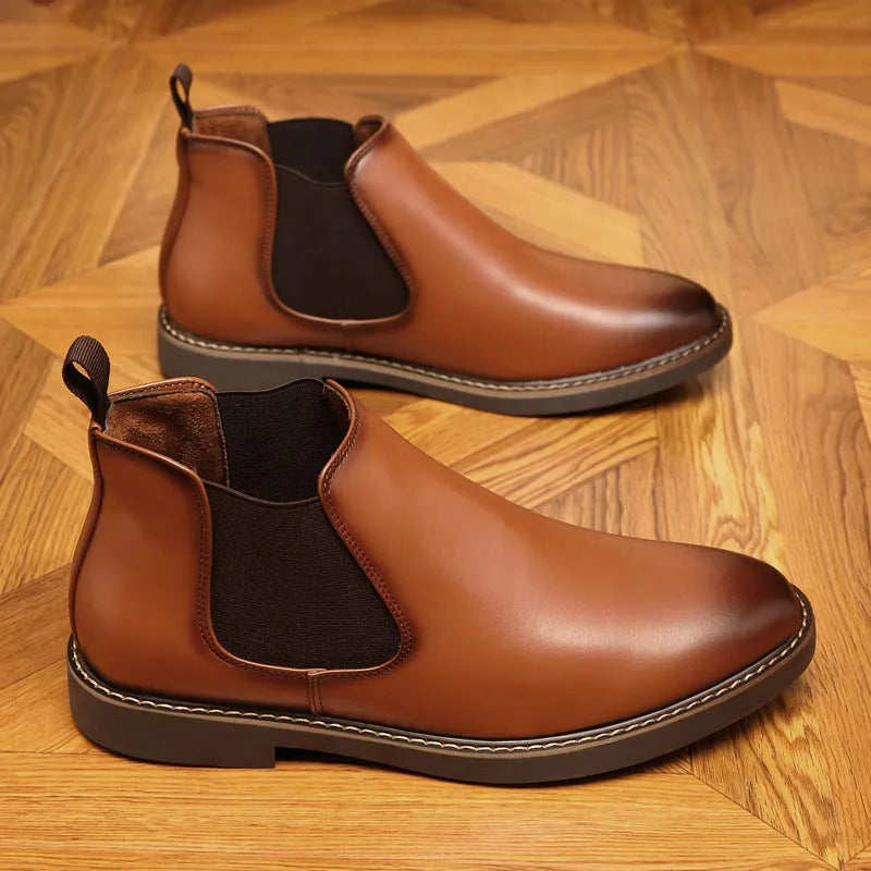Men's black formal leather boots with a pointed toe and square heel on a non-slip rubber sole.