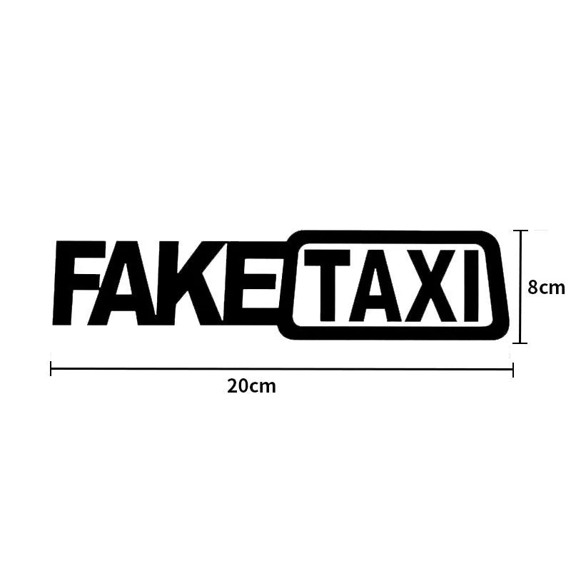 Set of three FAKE TAXI car warning stickers in yellow, black, and white, each 20cm by 8cm.