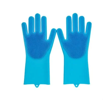 Blue silicone scrubbing gloves showing textured palm and finger surfaces for cleaning