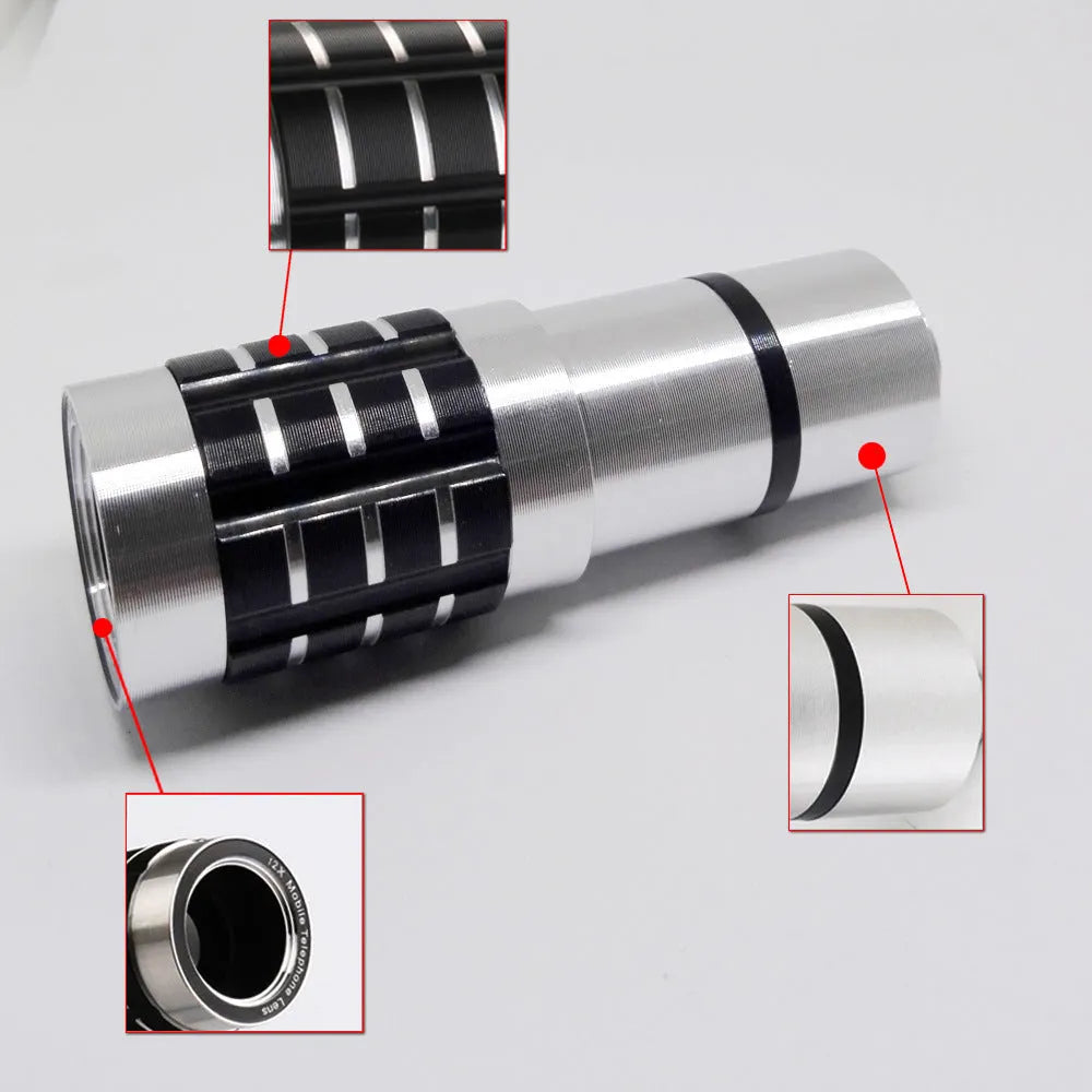 A 12x telescopic zoom lens with a universal clip attached to a mobile phone for long-distance filming.