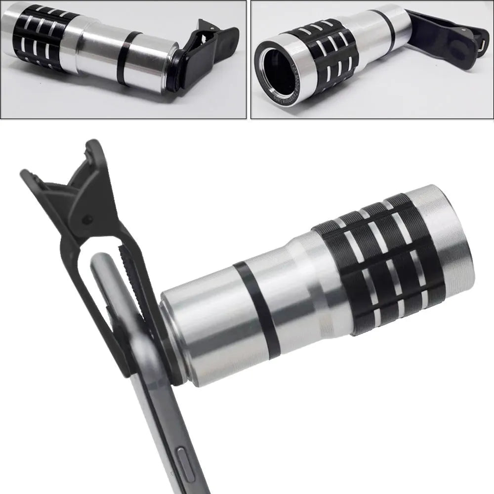 A 12x telescopic zoom lens with a universal clip attached to a mobile phone for long-distance filming.