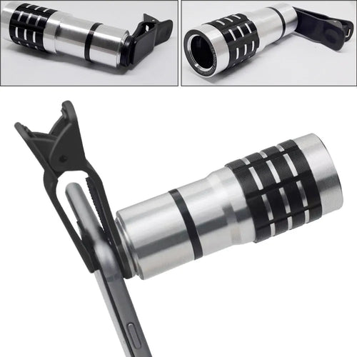 A 12x telescopic zoom lens with a universal clip attached to a mobile phone for long-distance filming.
