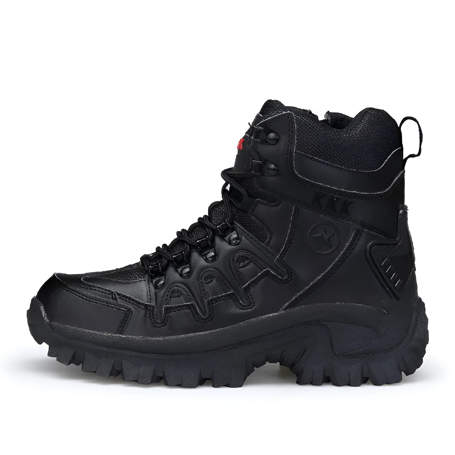 Men's US Army style Delta tactical boots in black with rubber sole, shown on a rough outdoor surface.