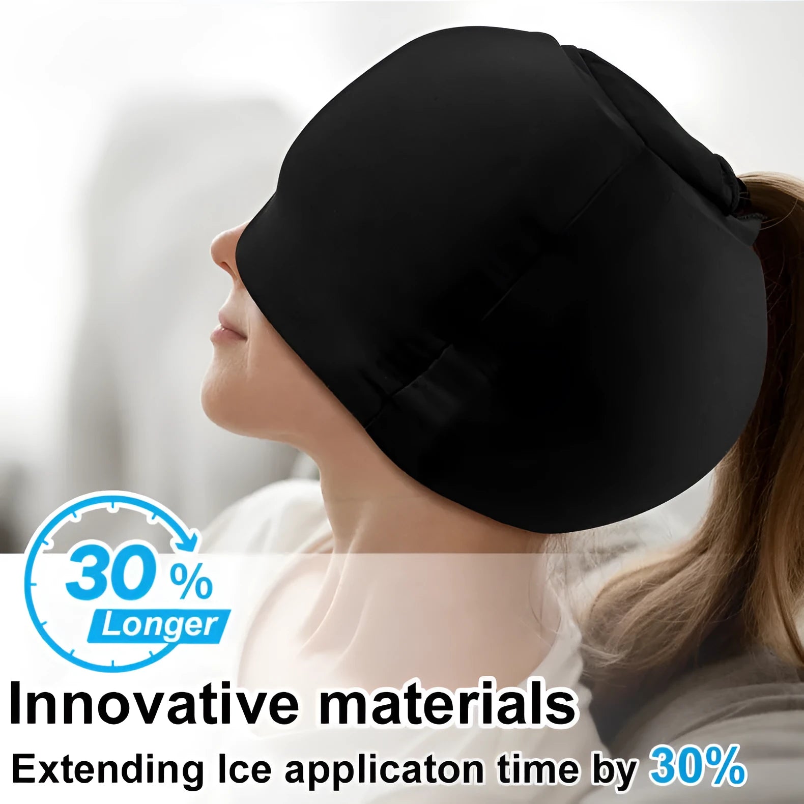 Simple solid colour cold compress cap in a fully enclosed polyester design, shown in black, pink, and dark blue.