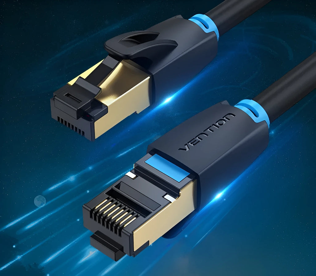 CAT8 10G Ethernet cable showing flat and round style options with RJ45 connectors
