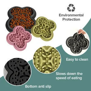 Silicone pet slow feeder licking mat with raised edges in assorted colours on a kitchen floor.
