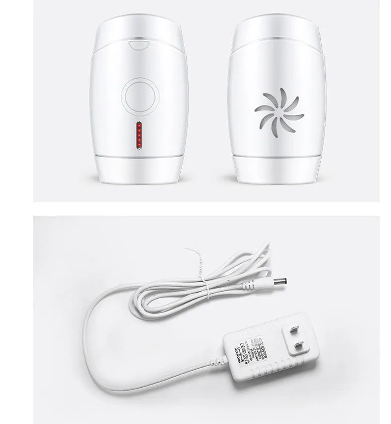 White home laser hair removal device with display screen and attachment head on a white background.